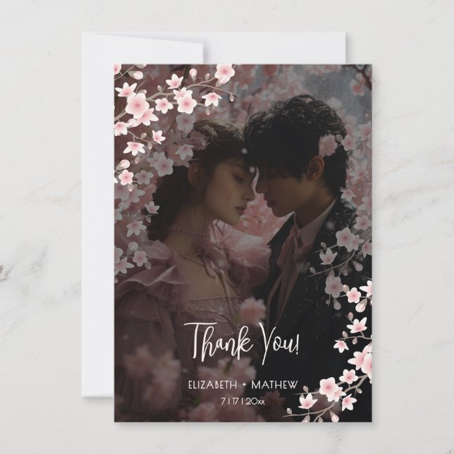 Cherry Blossom Photo Wedding Thank You Card (Front)