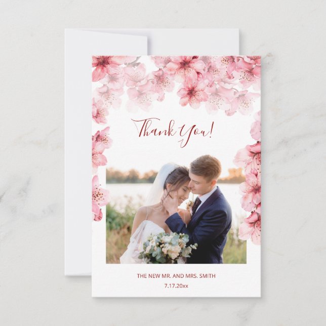 Cherry Blossom Photo Wedding Thank You Card (Front)