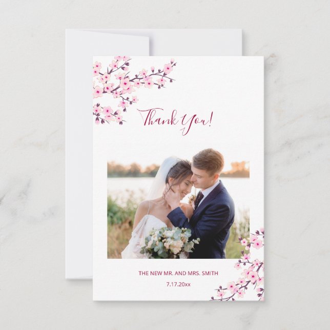 Cherry Blossom Photo Wedding Thank You Card (Front)