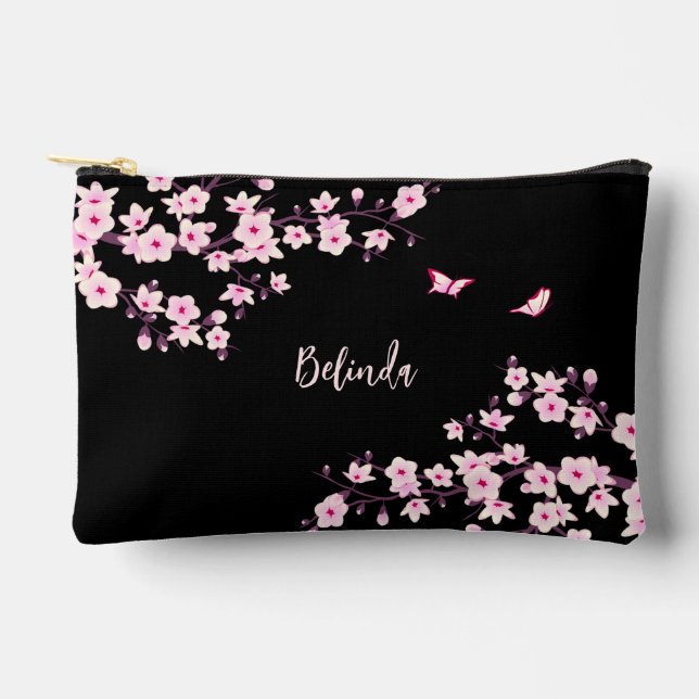 Cherry Blossom Pink Black Monogram Accessory Pouch (Front)