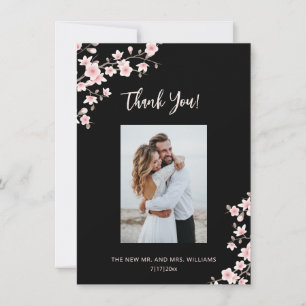 Cherry Blossom Pink Black Wedding Thank You Card