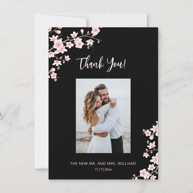 Cherry Blossom Pink Black Wedding Thank You Card (Front)