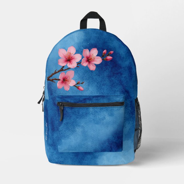 Cherry Blossom Pink Blue Monogram Printed Backpack (Front)