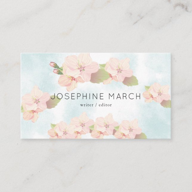 Cherry Blossom Pink Blue Watercolor Business Card (Front)