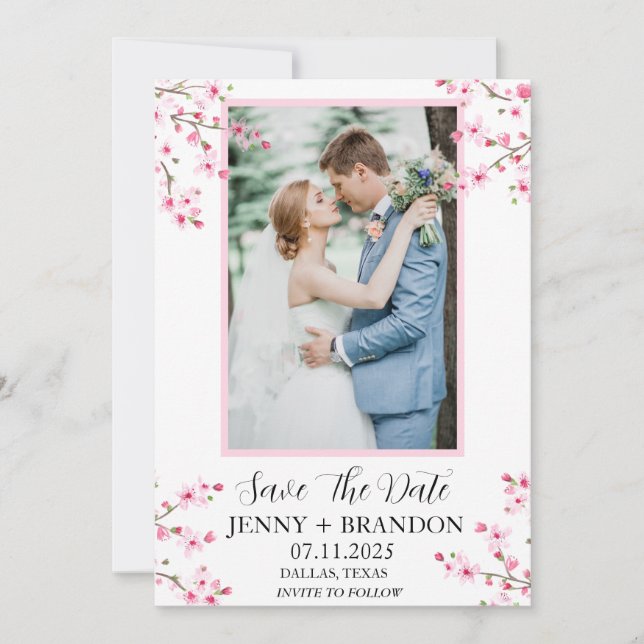 Cherry Blossom Pink Elegant Modern Floral Photo  Save The Date (Front)