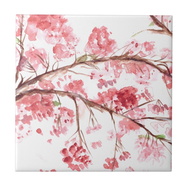 Cherry blossom pink floral Rustic watercolor Tile (Front)