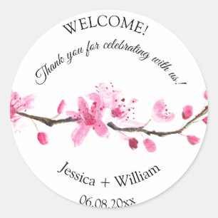 Cherry Blossom Pink Floral Watercolor Wedding Classic Round Sticker