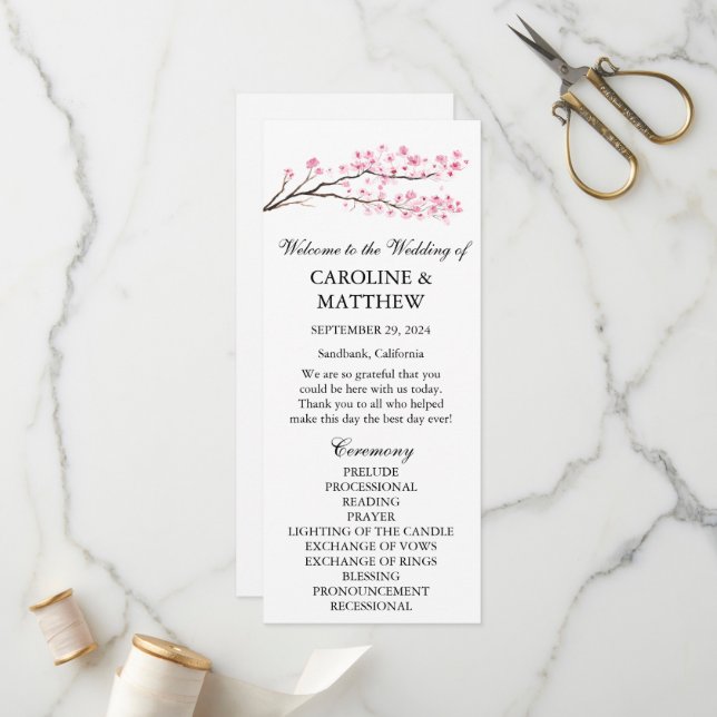 Cherry Blossom Pink Floral Watercolor Wedding  Program (Front/Back In Situ)