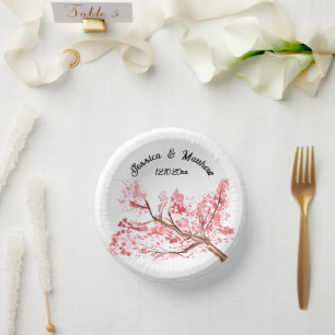 Cherry Blossom Pink floral Watercolor Weddings Paper Plate