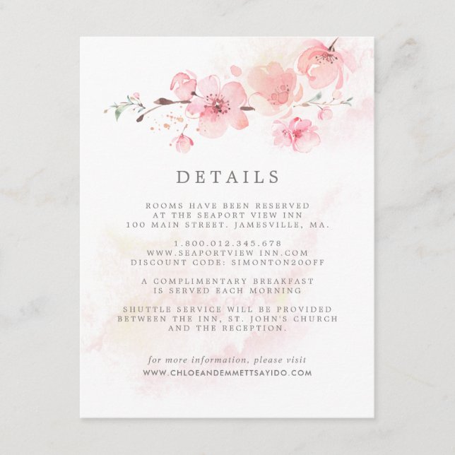 Cherry Blossom Pink Floral Wedding Guest Details E Enclosure Card (Front)