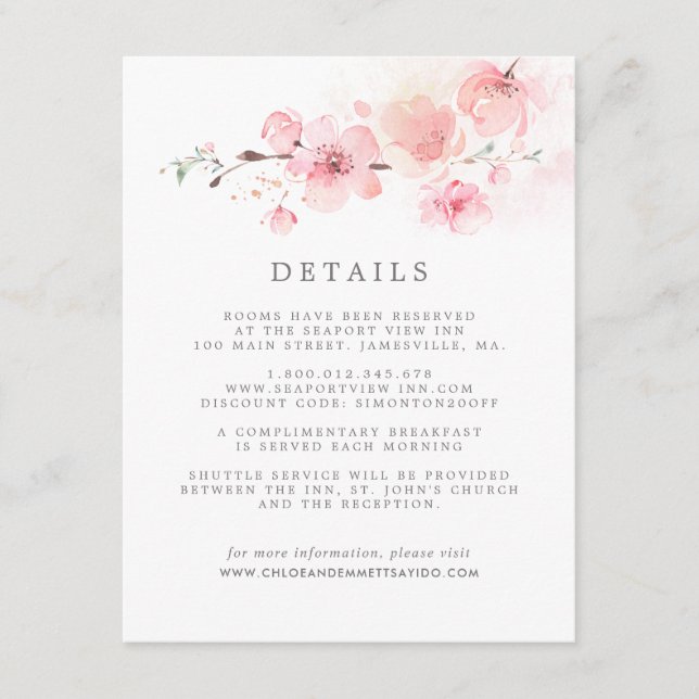 Cherry Blossom Pink Floral Wedding Guest Details Enclosure Card (Front)