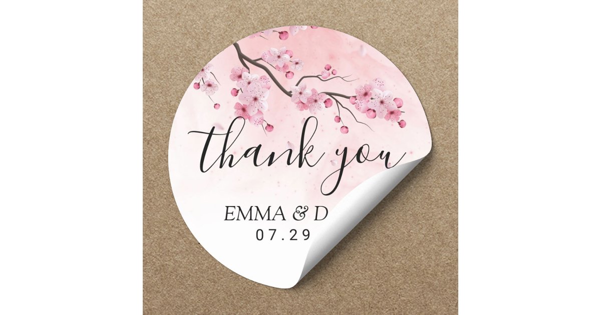Cherry Blossom Pink Floral Wedding Thank You Classic Round Sticker | Zazzle