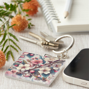 Cherry blossom pink flowers floral Japanese Sakura Keychain