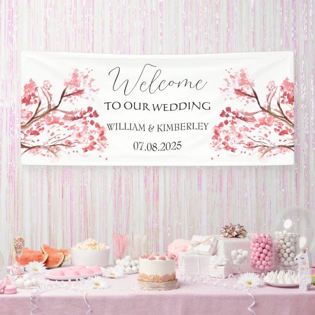 Cherry Blossom Pink Flowers Rustic Elegant Wedding Banner (Party)
