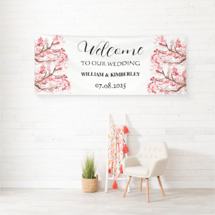 Cherry Blossom Pink Flowers Rustic Elegant Wedding Banner