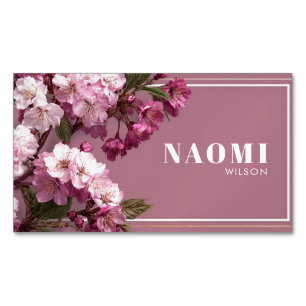 Cherry Blossom Pink Fuchsia Gold Frame Floral Magnetic Business Card