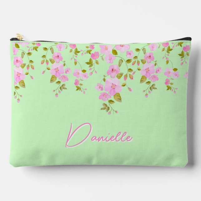 Cherry Blossom Pink & Green Pretty Custom  Accessory Pouch (Front)