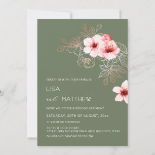 Cherry Blossom Pink Green Wedding Invitation