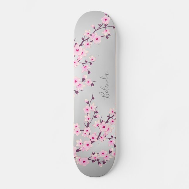 Cherry Blossom Pink Grey Asia Floral Monogram Skateboard (Front)