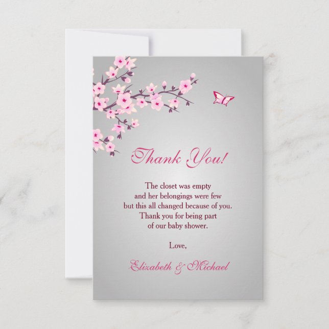 Cherry Blossom Pink Grey Baby Shower Thank You  (Front)