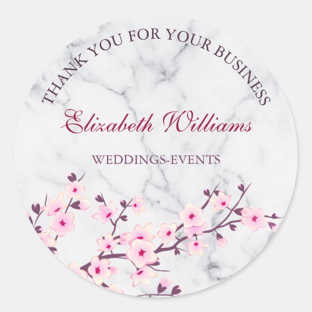 Cherry Blossom Pink Grey Marble Thank You Classic Round Sticker (Front)