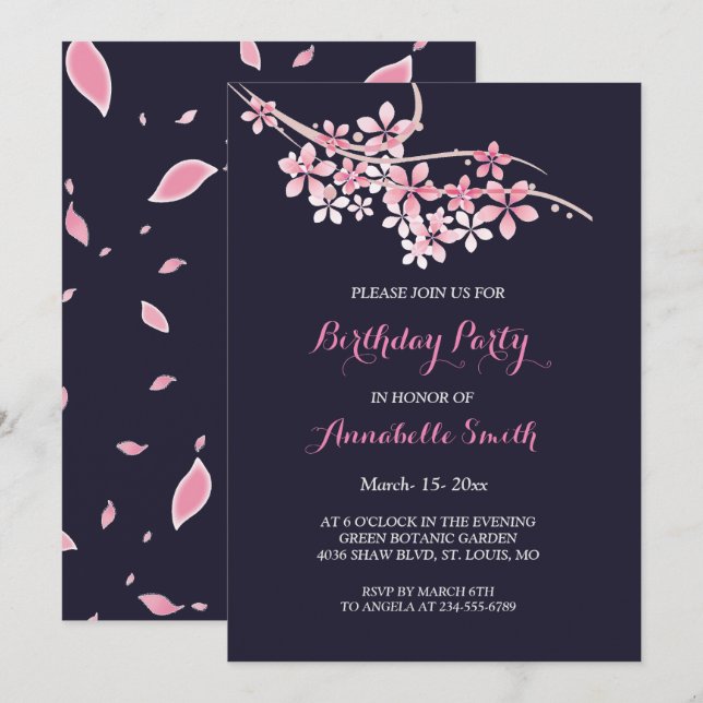 Cherry Blossom Pink navy   floral Birthday Party Invitation (Front/Back)