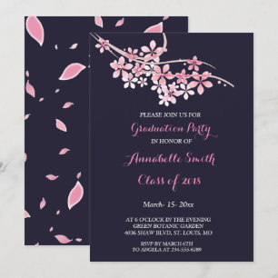 Cherry Blossom Pink navy floral Graduation Party Invitation
