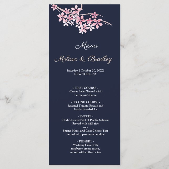 Cherry Blossom Pink navy floral  Wedding Menu (Front)