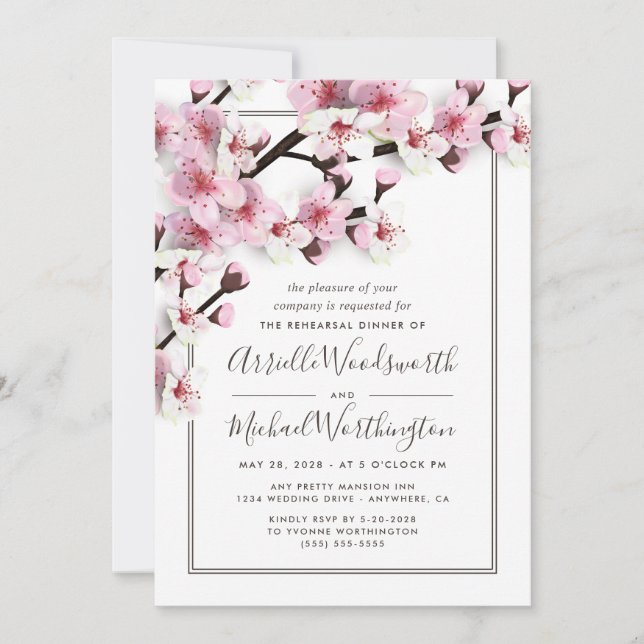 Cherry Blossom Pink Rehearsal Dinner Invitations (Front)