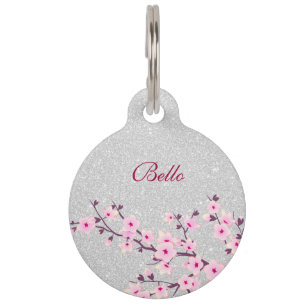 Cherry Blossom Pink Silver Glitter Name Address Pet Tag
