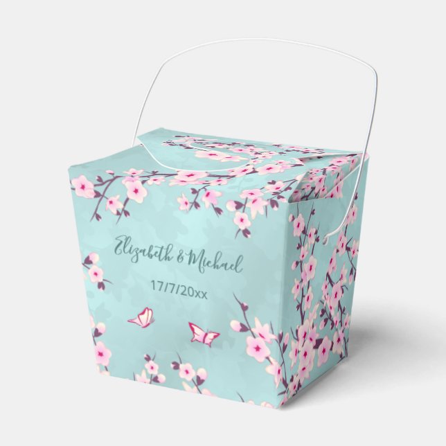 Cherry Blossom Pink Turquoise | Custom Wedding Favor Box (Front Side)