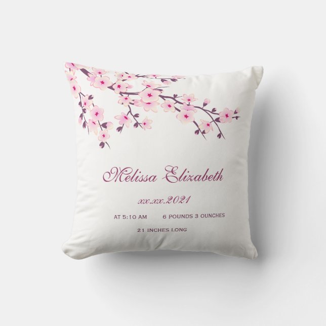 Cherry Blossom Pink White Baby Girl Birth Stats Throw Pillow (Front)