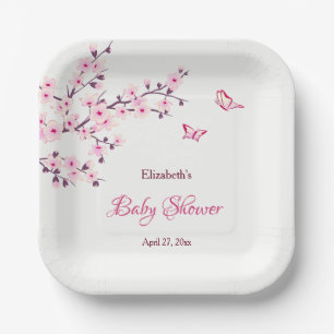 Cherry Blossom Pink White Baby Shower   Paper Plate