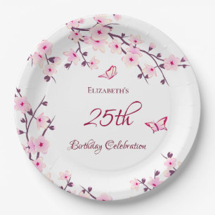 Cherry Blossom Pink White Custom Birthday Paper Plate