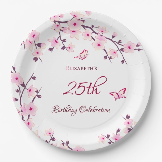 Cherry Blossom Pink White Custom Birthday Paper Plate (Front)