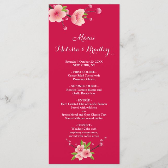 Cherry Blossom Pink White  flora  Wedding Menu (Front)