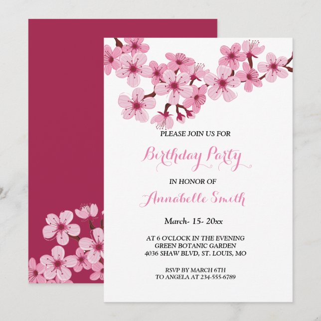 Cherry Blossom Pink White floral Birthday Party Invitation (Front/Back)