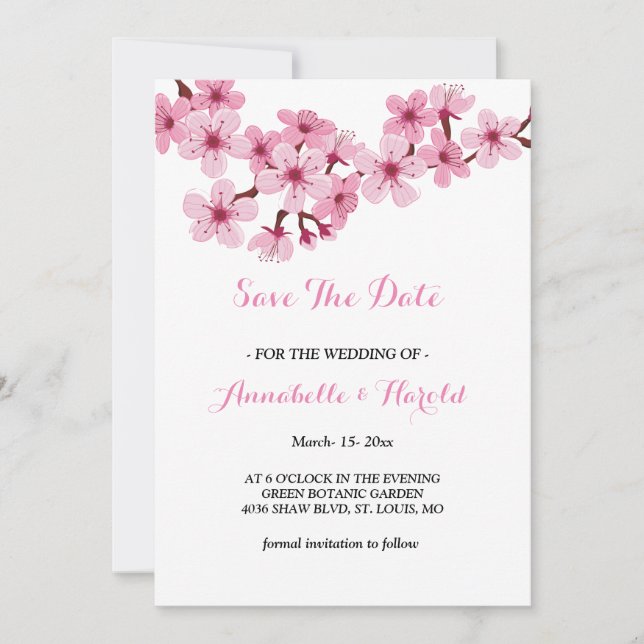 Cherry Blossom Pink White floral save the date (Front)
