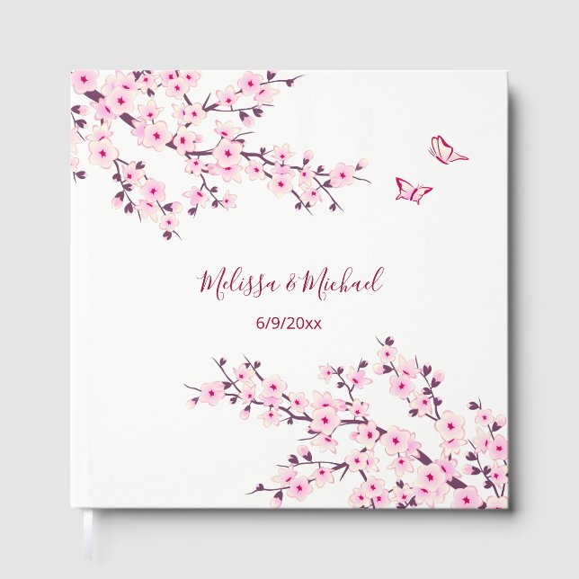 Cherry Blossom Pink White Wedding Guest Book (Front)