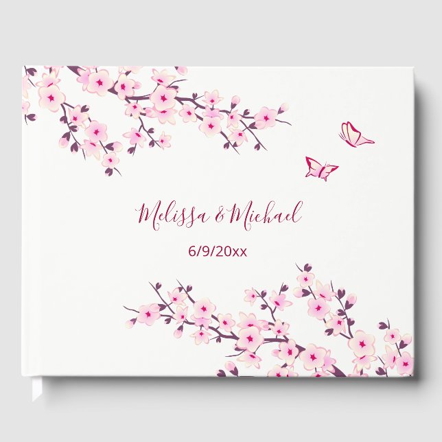 Cherry Blossom Pink White Wedding Guest Book (Front)