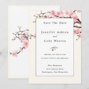 Cherry Blossom Pink White Wedding Invitation Beige