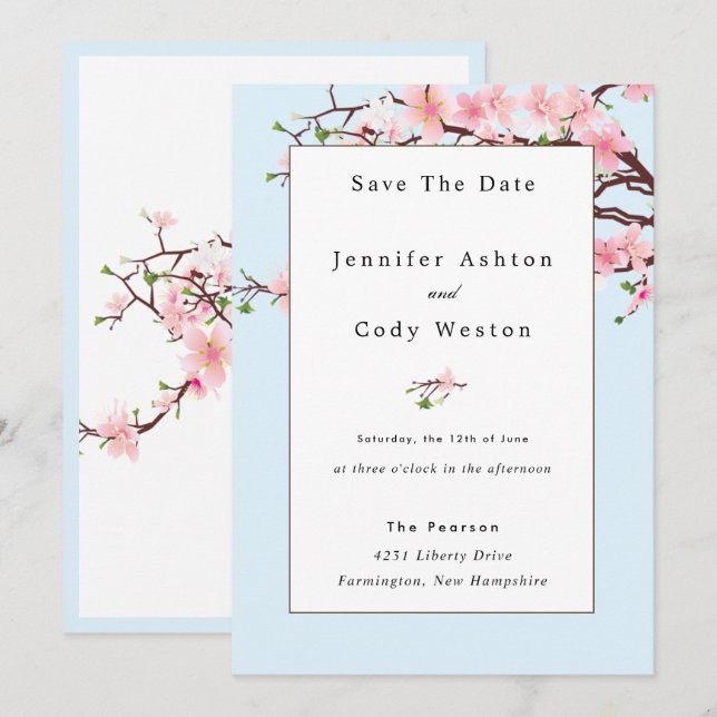 Cherry Blossom Pink White Wedding Invitation Blue (Front/Back)