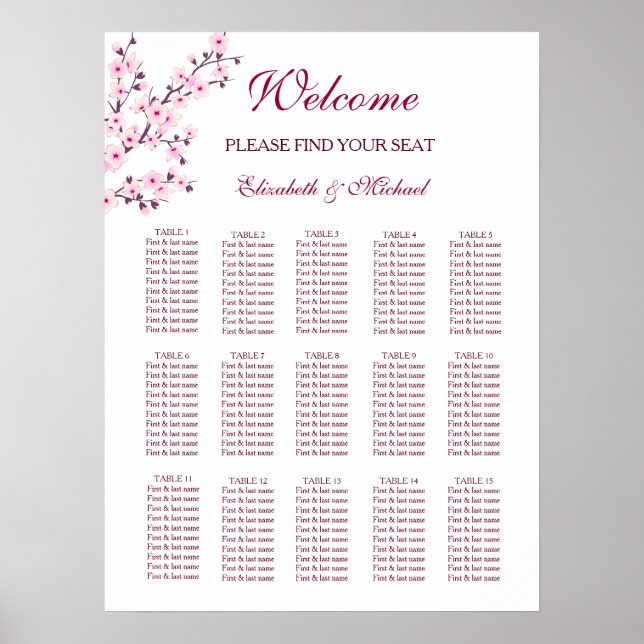 Cherry Blossom Pink White Wedding Seating Chart (Front)