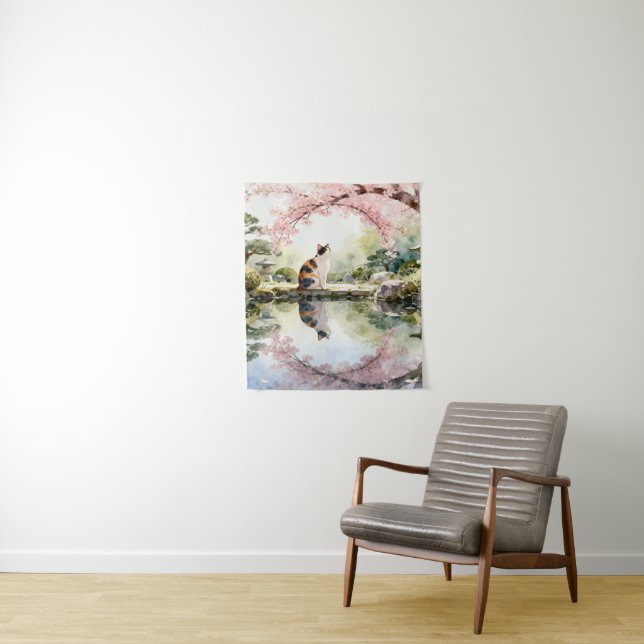 Cherry Blossom Pond Reflection Scene Tapestry (In Situ)