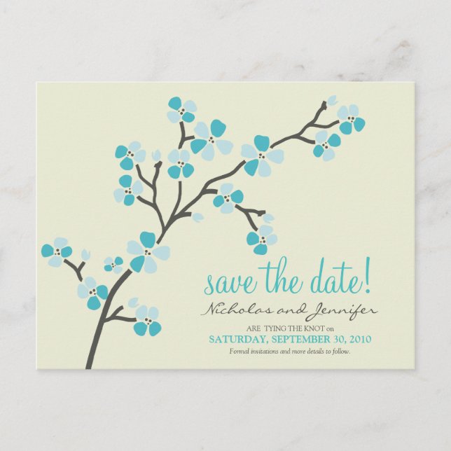 Cherry Blossom POSTCARD Save the Date (aqua) (Front)