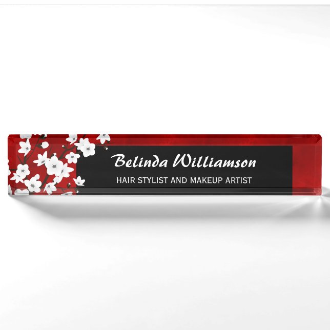 Cherry Blossom Red Black And White Hair And Makeup Nameplate (Front)