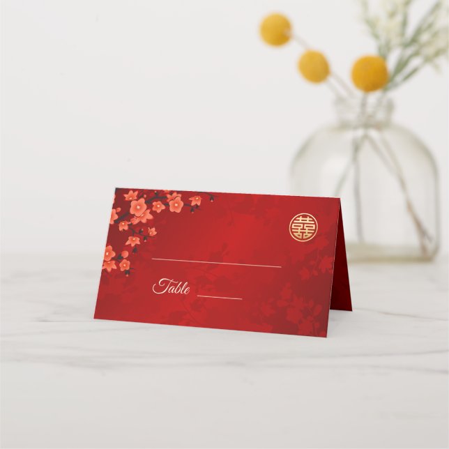Cherry Blossom Red Gold | Chinese Wedding Place Card (Front)