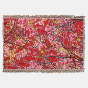Cherry Blossom Red Pink Floral Design Throw Blanket
