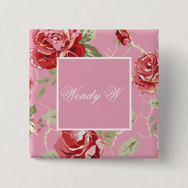 Cherry blossom red rose flower 2 inch square button (Front)