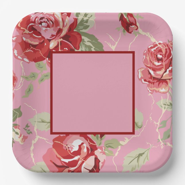 Cherry blossom red rose flower paper plates (Front)